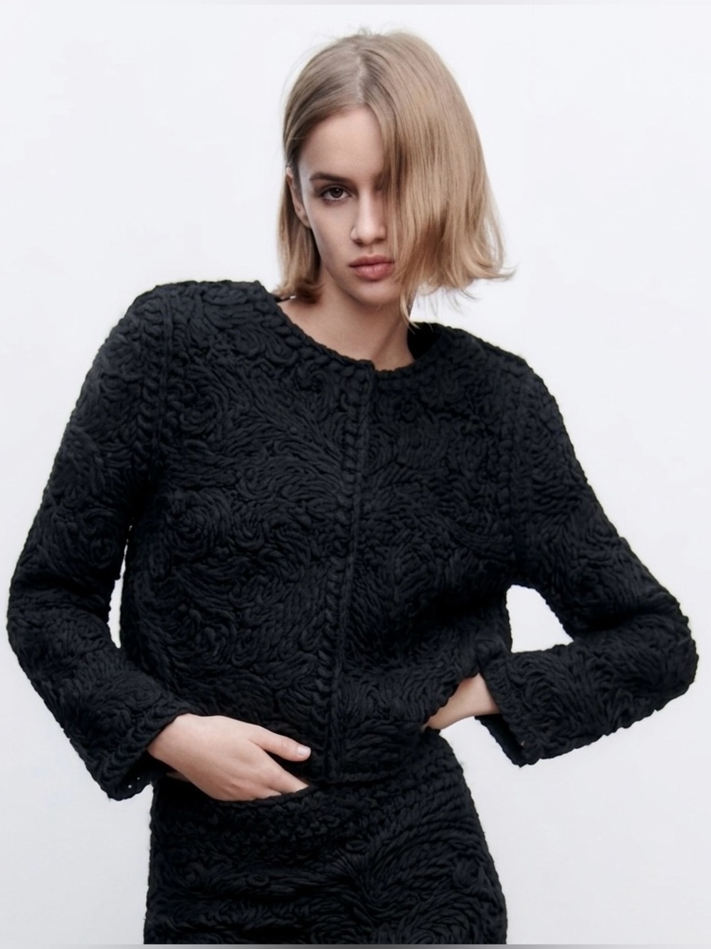 🤍 ZARA Black Cropped Wool Blend Cardigan sz Large